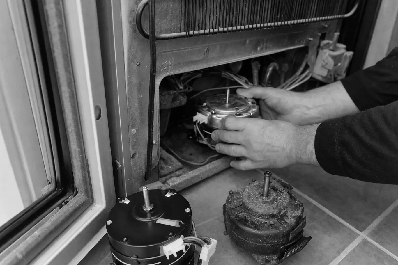 Black-and-white view of a fan motor being lowered into the lower bay of an older built-in, the corroded original on the floor beside the replacement