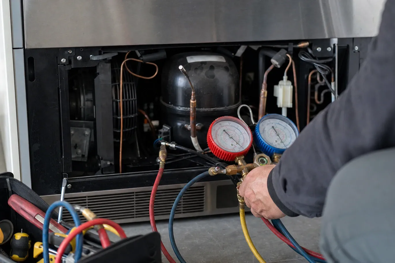 Manifold gauge set held at the open machine compartment of a stainless built-in refrigerator, compressor and condenser coil exposed